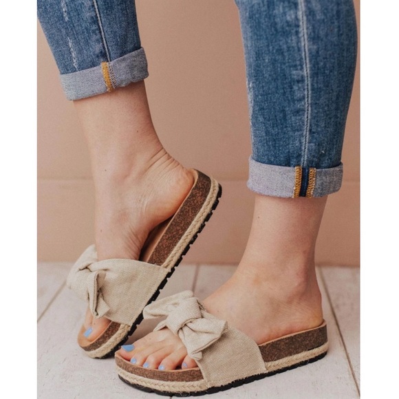 Beige Slip On Linen Fabric Bow Sandals - Picture 8 of 14